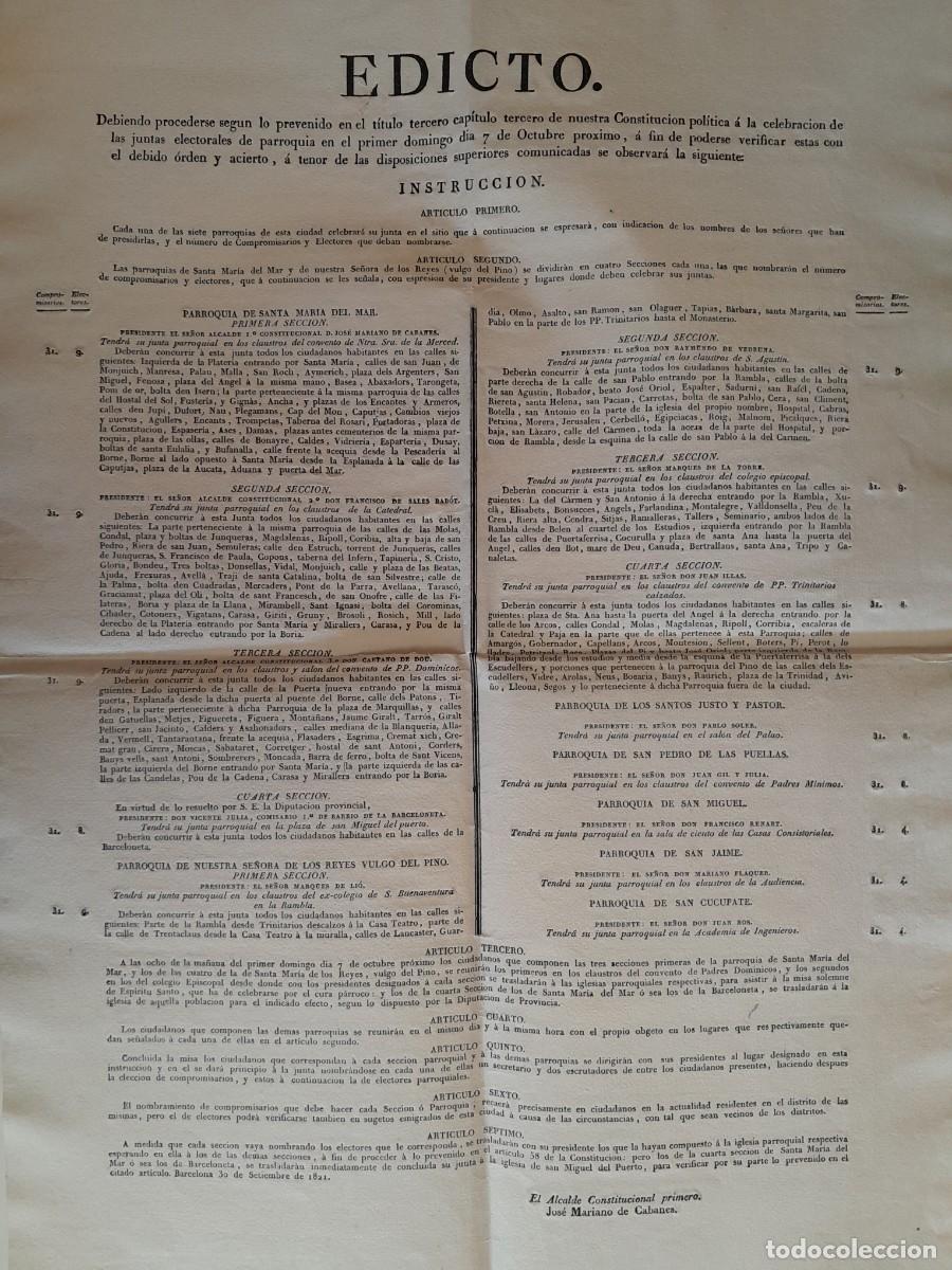 Documentos antiguos: EDICTO PARA LA CELEBRACI&Oacute;N DE LAS JUNTAS ELECTORALES DE PARROQUIA DE BARCELONA (30 SEPTIEMBRE 1821)