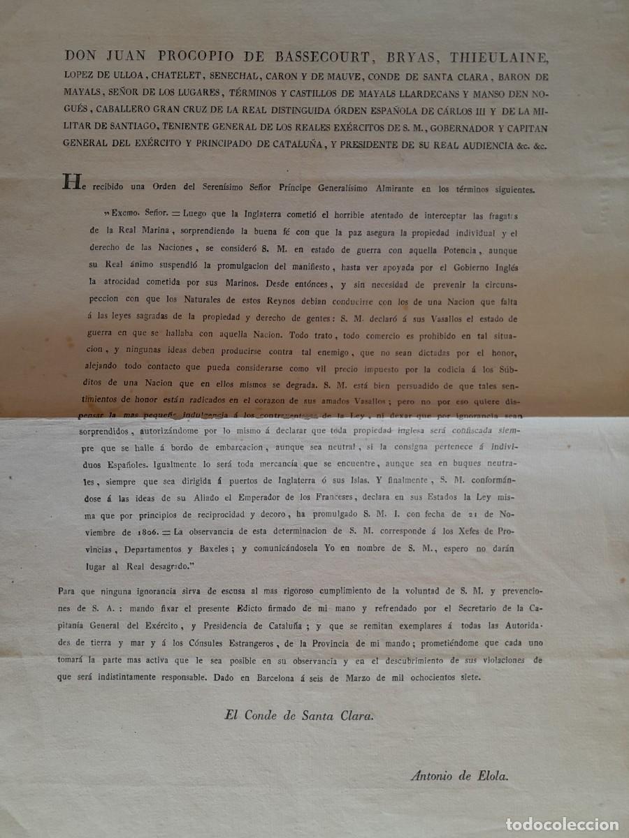 Documentos antiguos: EDICTO CARLOS IV DECLARAR GUERRA A INGLATERRA POR ATENTAR CONTRA FRAGATAS REAL MARINA (BCN, 1807)