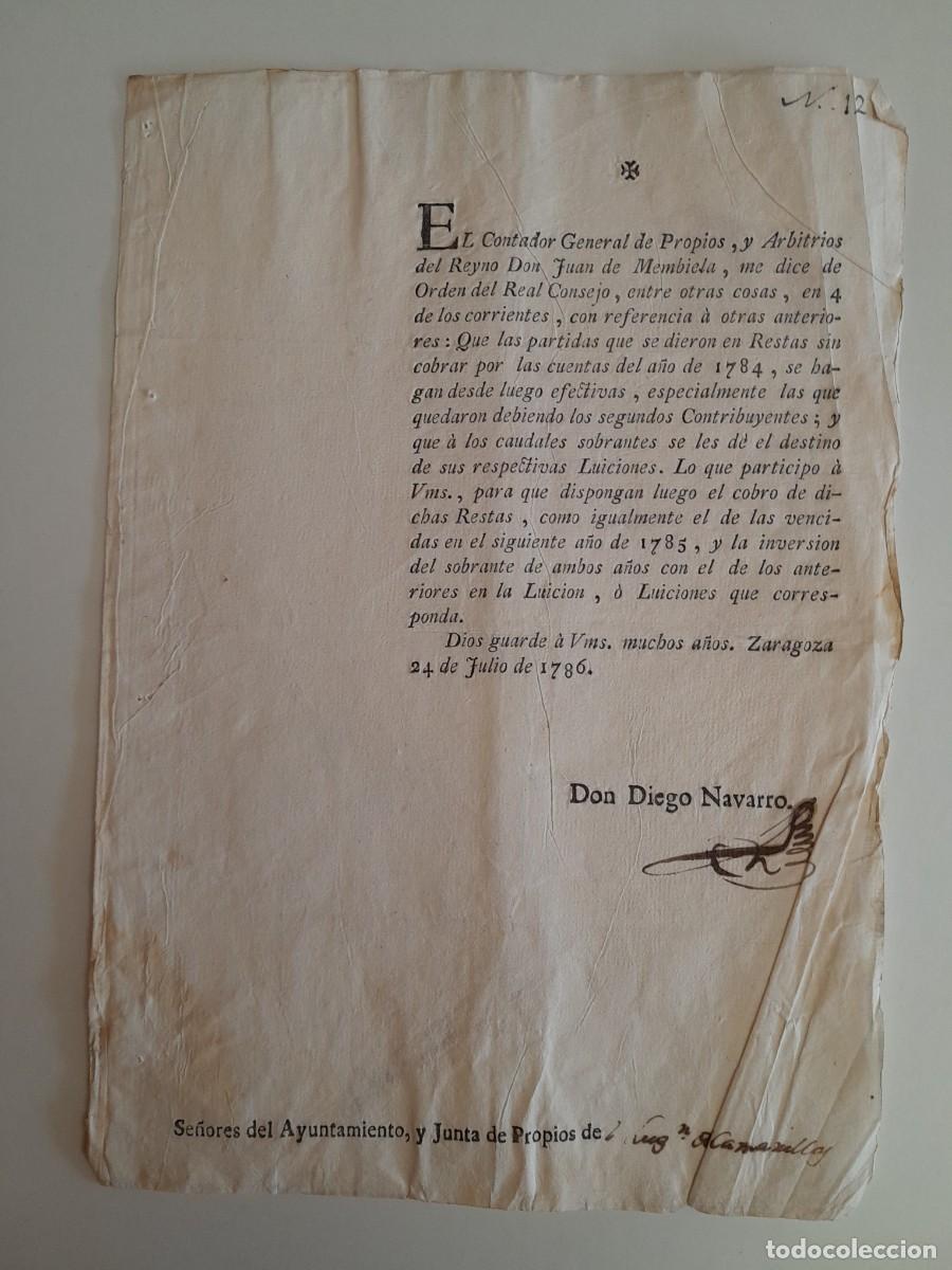 Documentos antiguos: REQUERIMIENTO DE JUAN DE MEMBIELA PARA QUE SE HAGAN EFECTIVOS LOS COBROS EN CAMARILLAS (ZGZ, 1786)