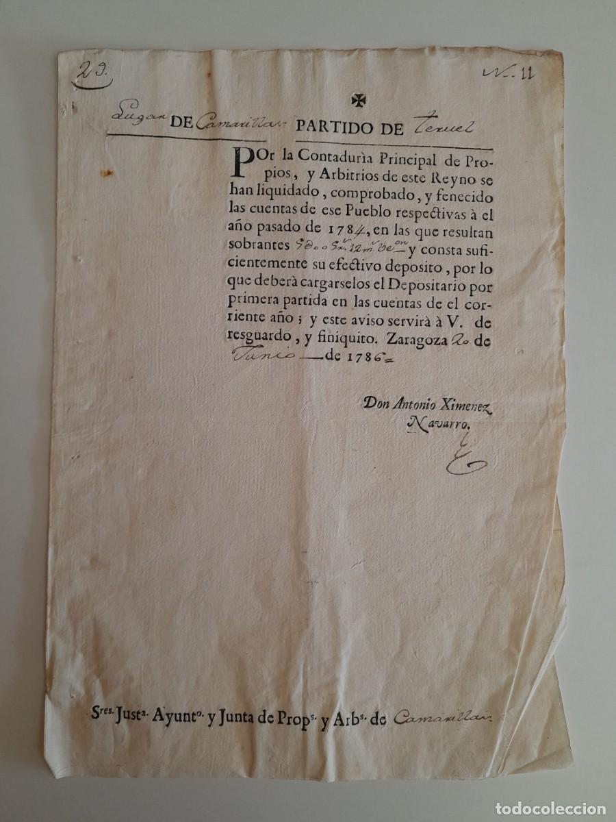 Documentos antiguos: LIQUIDACI&Oacute;N DE LAS CUENTAS DEL PUEBLO DE CAMARILLAS (ZARAGOZA, 20 JUNIO 1786)