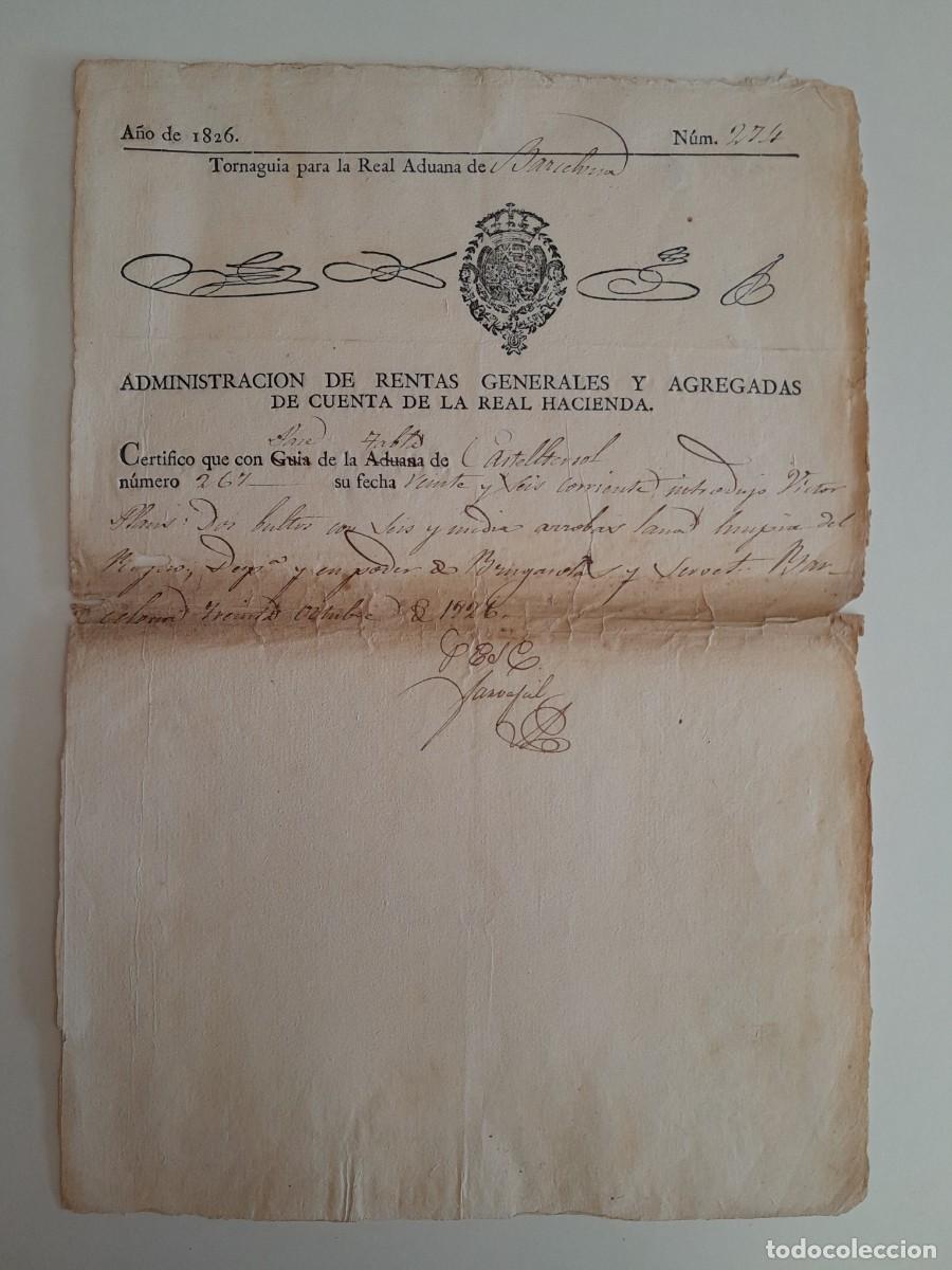 Documentos antiguos: REGISTRO DE ADUANA DE CASTELLTER&Ccedil;OL (BARCELONA, 30 OCTUBRE 1826)