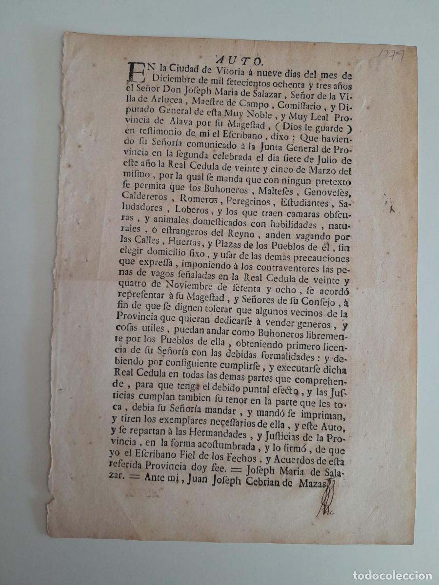 Documentos antiguos: AUTO PARA PERMITIR QUE LOS BUHONEROS VENDAN G&Eacute;NERO POR LOS PUEBLOS DE &Aacute;LAVA (VITORIA, 9 DIC 1783)