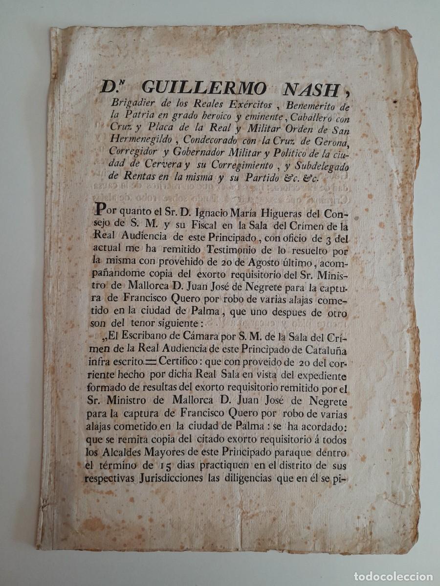 Documentos antiguos: OFICIO POR EL QUE SE BUSCA CAPTURAR A FRANCISCO QUERO POR ROBO A RAM&Oacute;N POU EN PALMA (1817)
