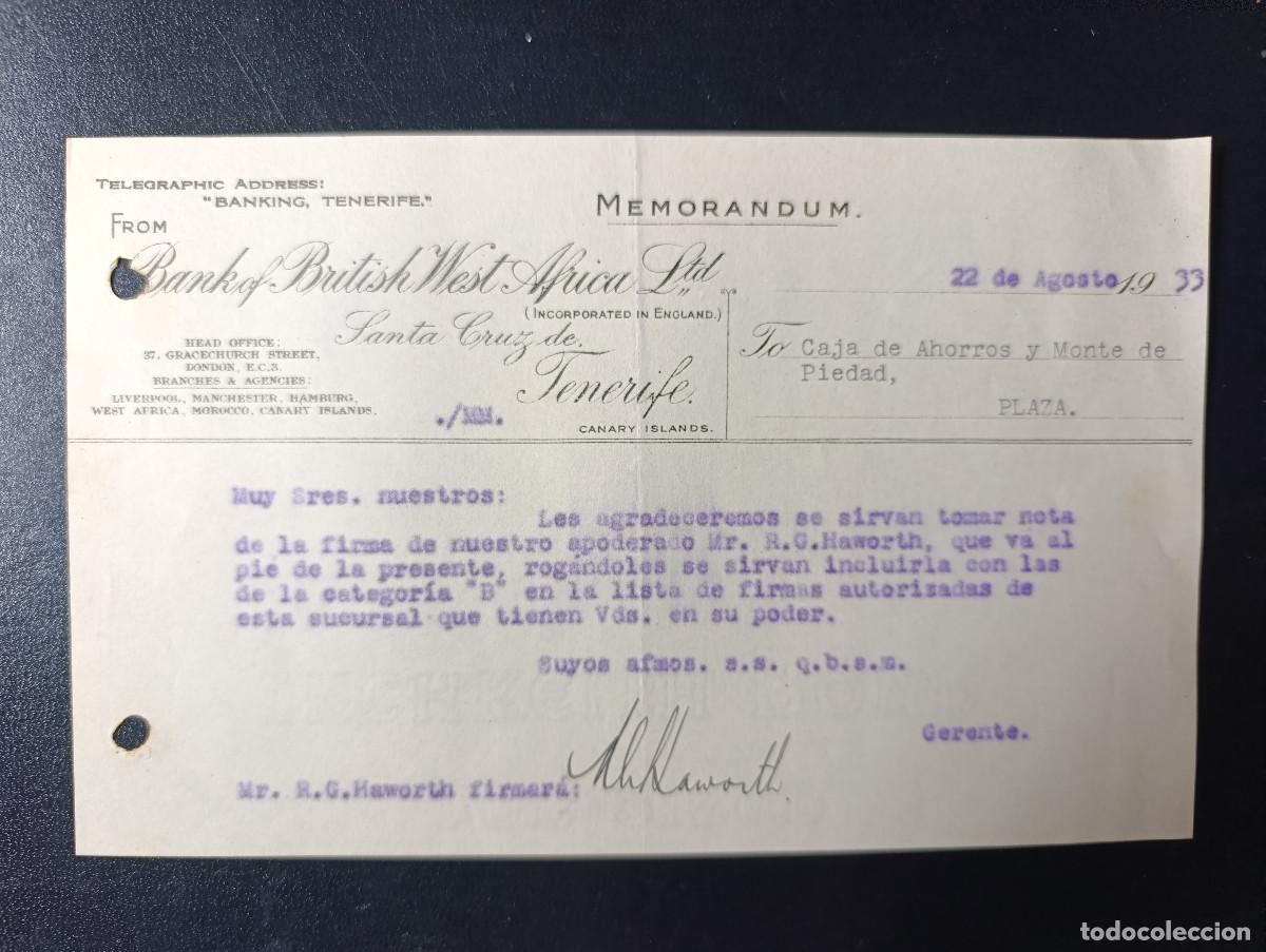 Documentos antiguos: SEGUNDA REPUBLICA. MEMORANDUM-BANK OF BRITISH WEST AFRICO LTD. AUTORIZACI&Oacute;N FIRMA R.G. HAWORTH. 1933