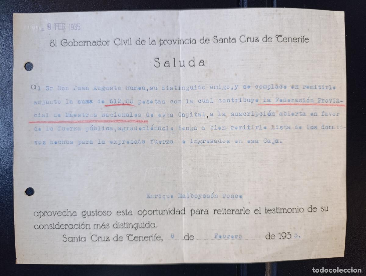 Documentos antiguos: SEGUNDA REPUBLICA. CARTA SALUDO GOBERNADOR CIVIL DE S/C DE TFE. DON ENRIQUE MALBOYSSON PONCE. 1935.
