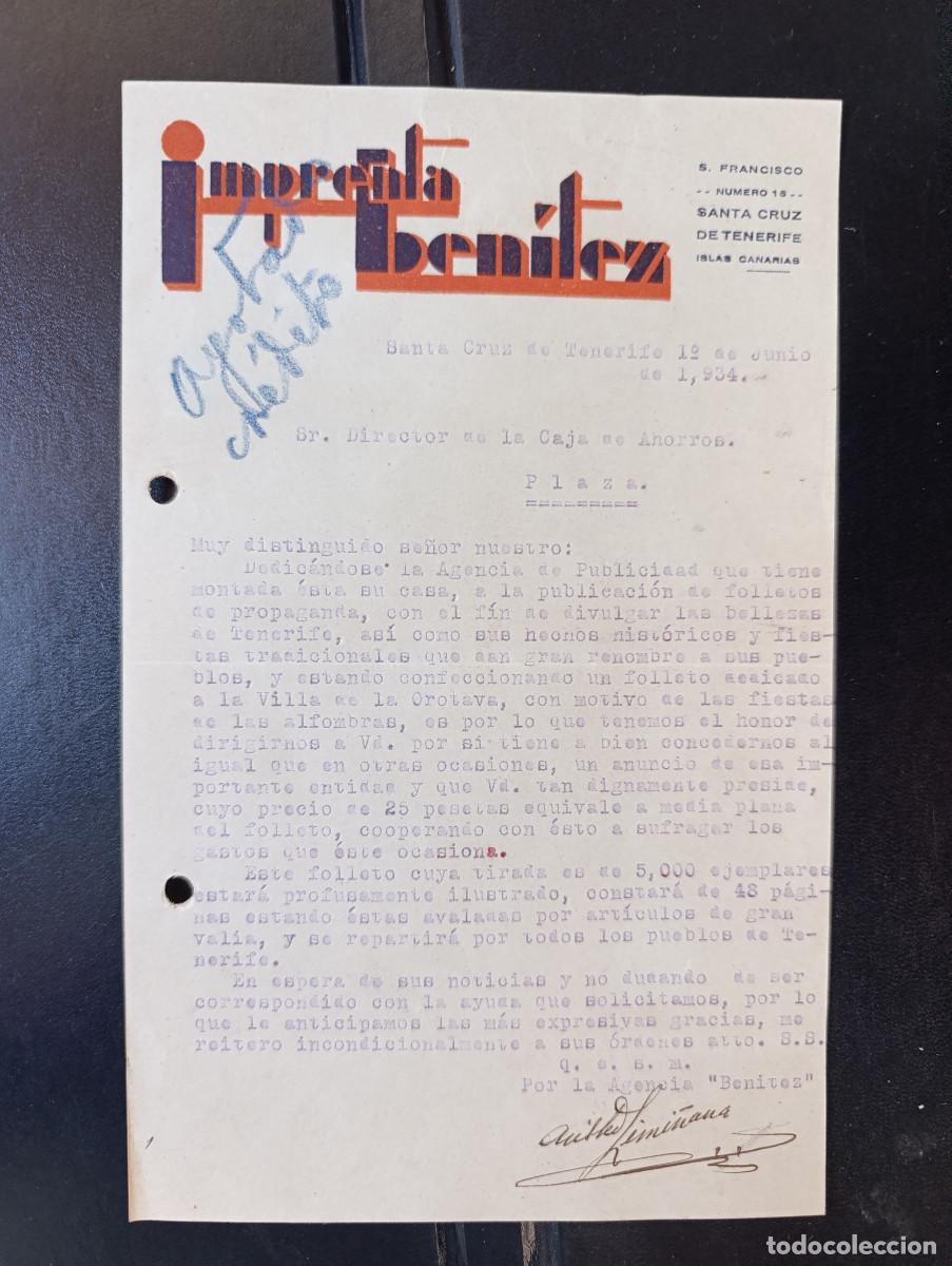 Documentos antiguos: SEGUNDA REPUBLICA. CARTA FIRMADA POR DON ARISTEO LIMI&Ntilde;ANA-IMPRENTA BENITEZ-TENERIFE. JUNIO DE 1934.