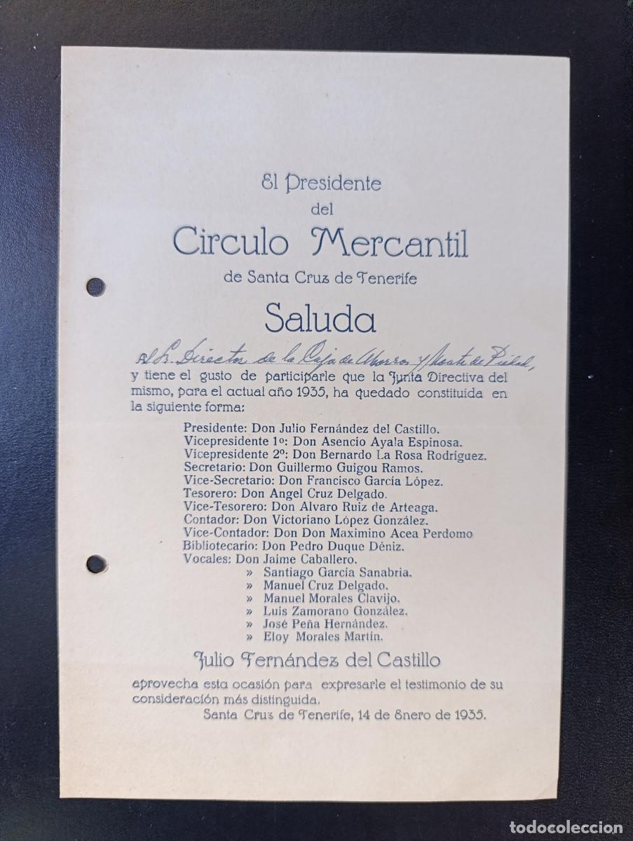 Documentos antiguos: SEGUNDA REPUBLICA. CARTA COMUNICANDO CONSTITUCION JUNTA DIRECTIVA CIRCULO MERCANTIL S/C DE TFE. 1935