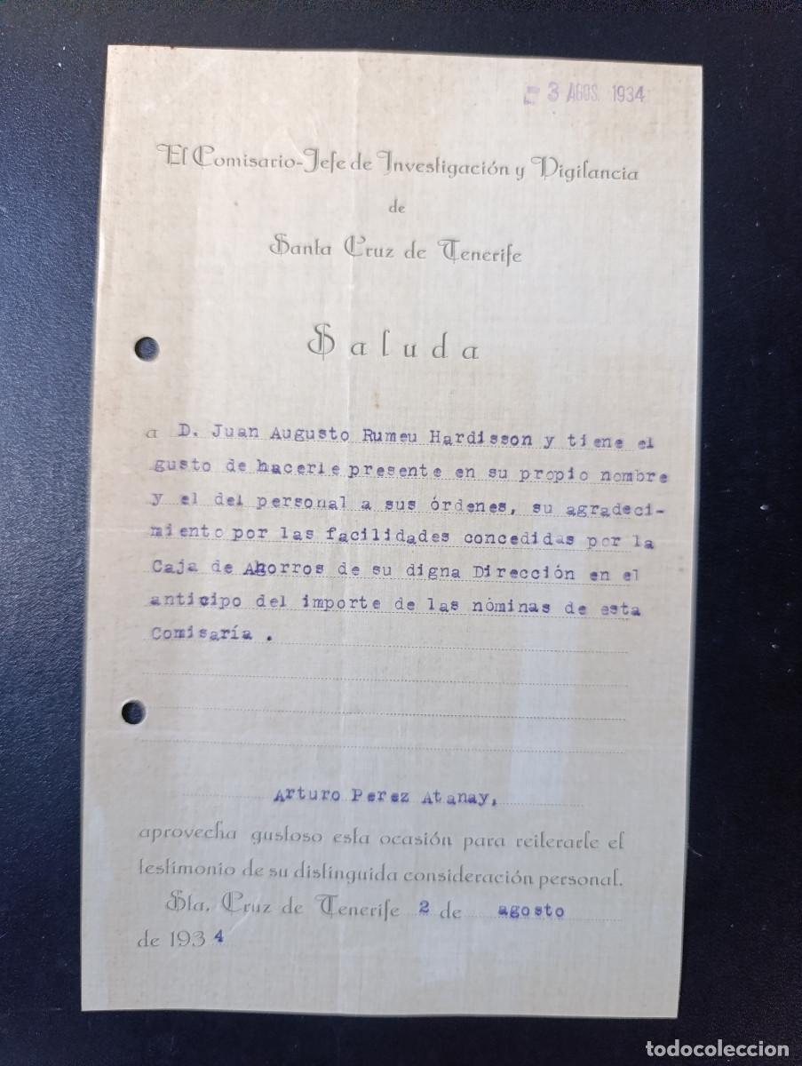 Documentos antiguos: SEGUNDA REPUBLICA. COMISARIO JEFE INVESTIGACI&Oacute;N Y VIGILANCIA S/C DE TFE-ARTURO PEREZ ATANAY. 1934.