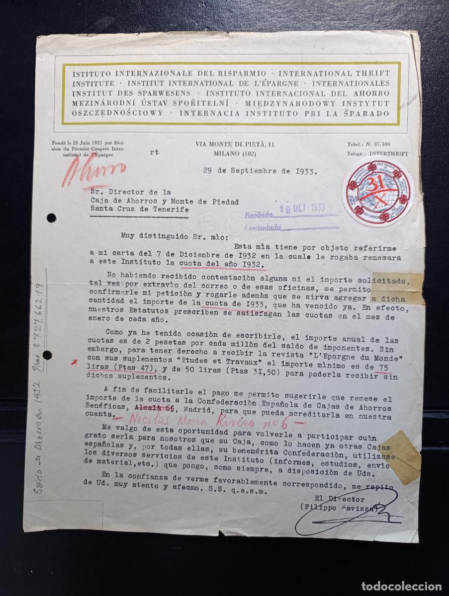 Documentos antiguos: SEGUNDA REPUBLICA. INSTITUTO INTERNACIONAL DEL AHORRO - DIA UNIVERSAL DEL AHORRO. 10 OCTUBRE DE 1933