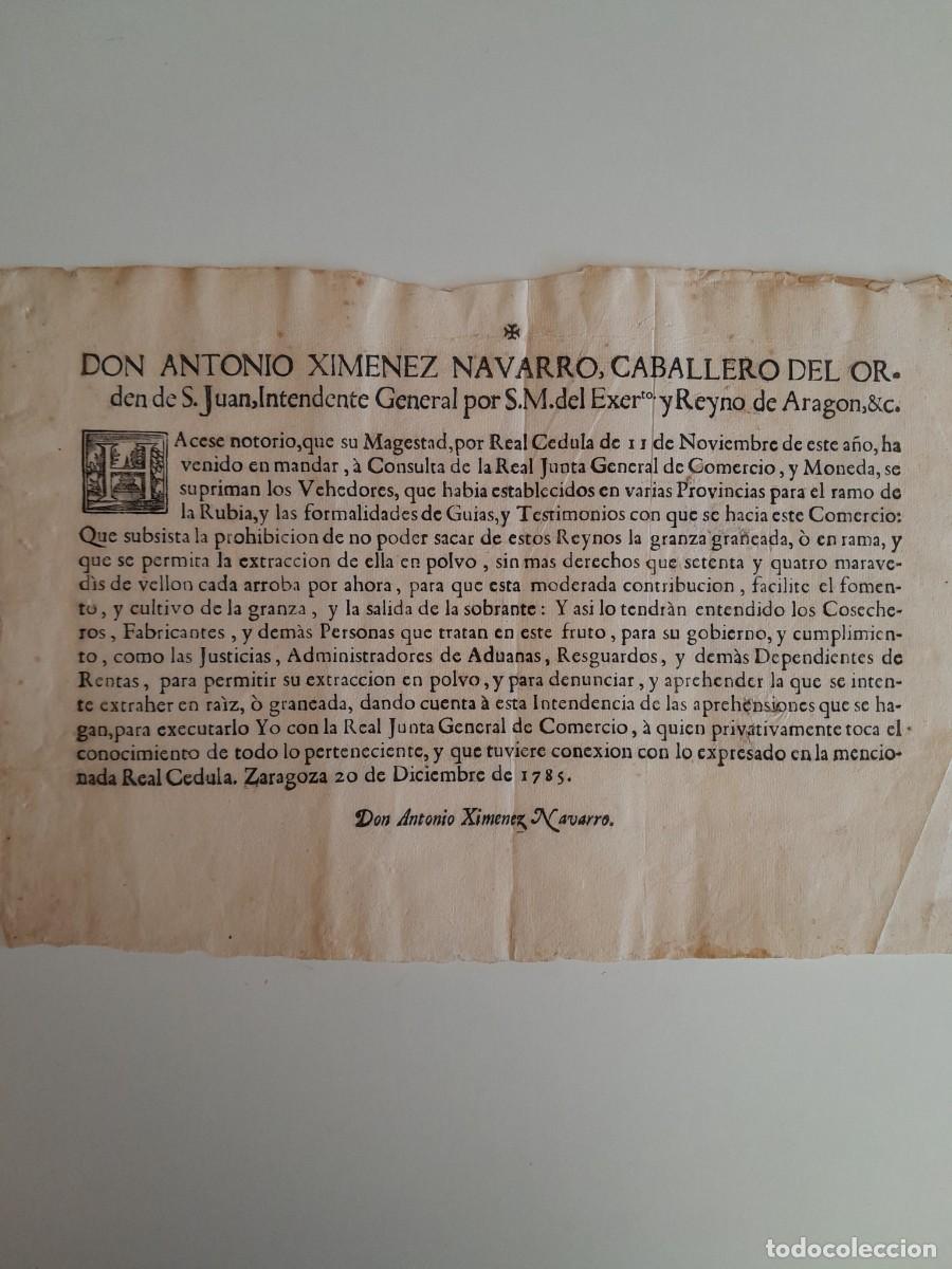 Documentos antiguos: C&Eacute;DULA POR LA QUE SE PROH&Iacute;BE LA EXPORTACI&Oacute;N DE LA GRANZA GRANEADA (ZARAGOZA, 20 DICIEMBRE 1785)