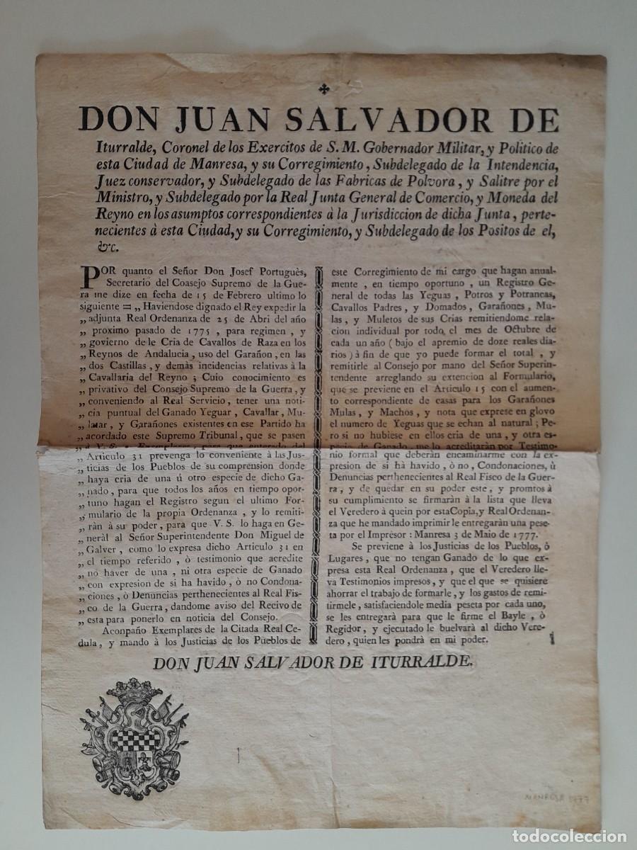 Documentos antiguos: OFICIO SOBRE LA NUEVA REAL ORDENANZA PARA LA CR&Iacute;A DE CABALLOS DE RAZA (MANRESA, 1777)