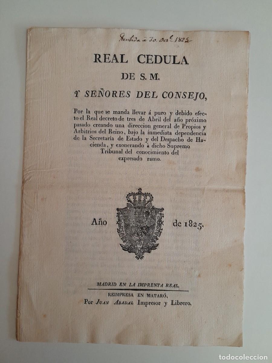 Documentos antiguos: REAL C&Eacute;DULA FERNANDO VII POR CREACI&Oacute;N DIRECCI&Oacute;N GENERAL DE PROPIOS Y ARBITRIOS DEL REINO (1825)