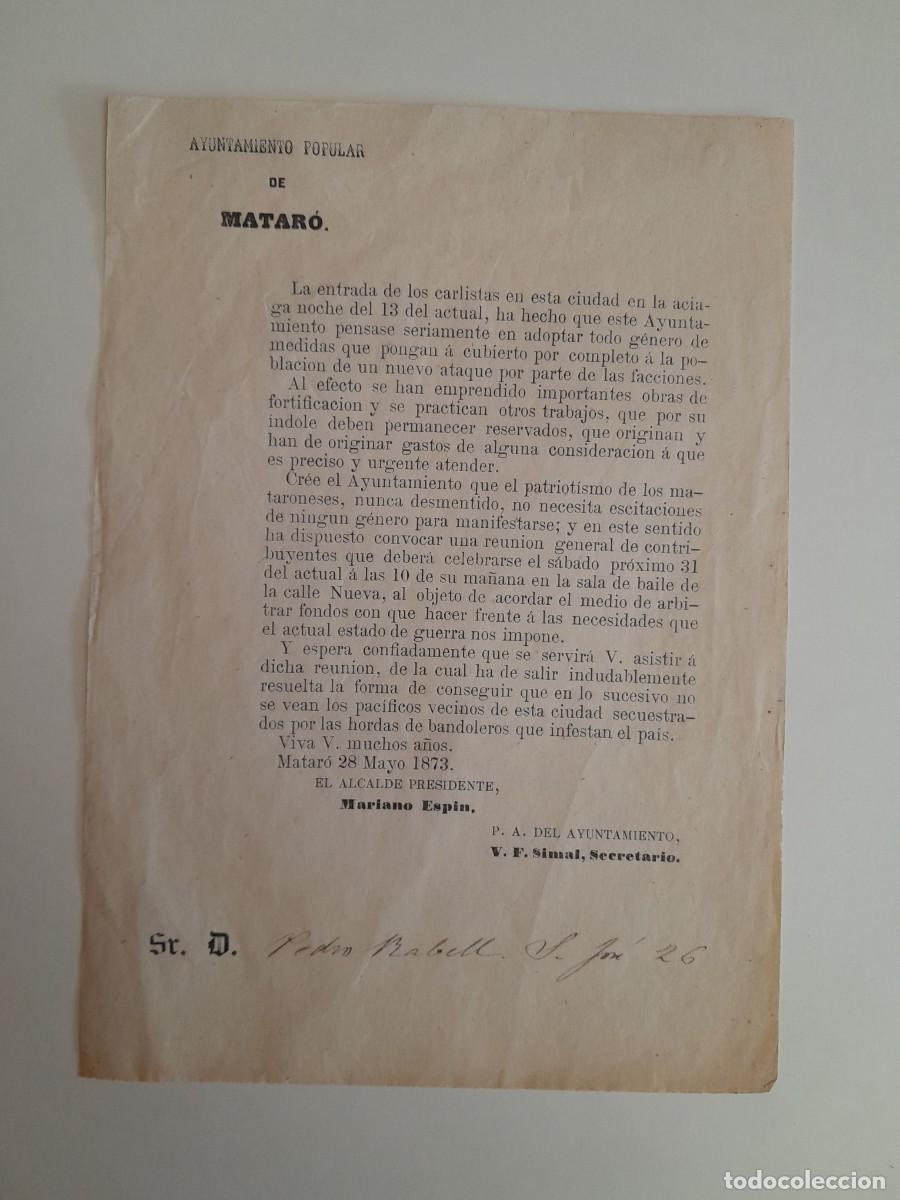 Documentos antiguos: COMUNICACI&Oacute;N ALCALDE MATAR&Oacute; SOBRE TRABAJOS DE FORTIFICACI&Oacute;N MOTIVADOS POR GUERRA CARLISTA (1873)