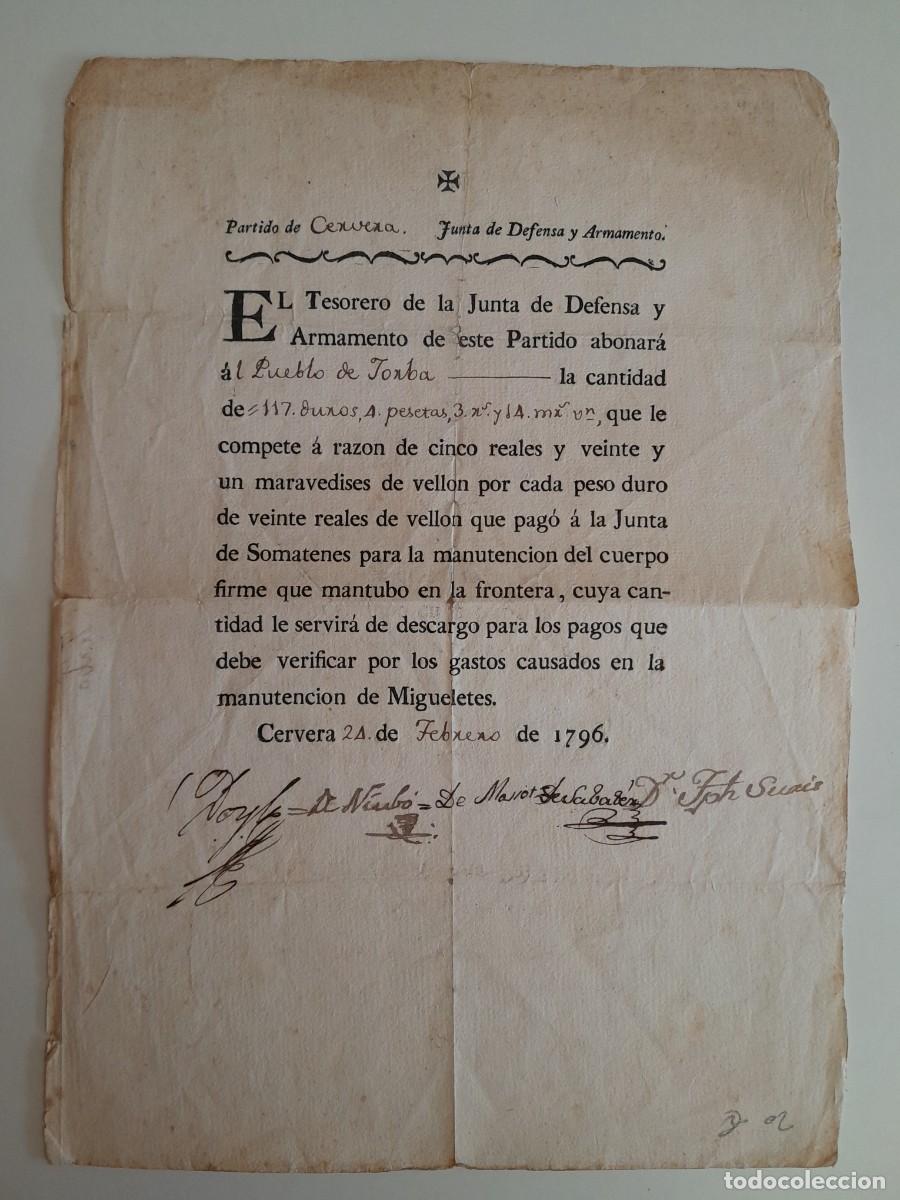 Documentos antiguos: COMPENSACI&Oacute;N JUNTA DE DEFENSA Y ARMAMENTO A JORBA POR MANUTENCI&Oacute;N DE SOMATENES (CERVERA, 1796)