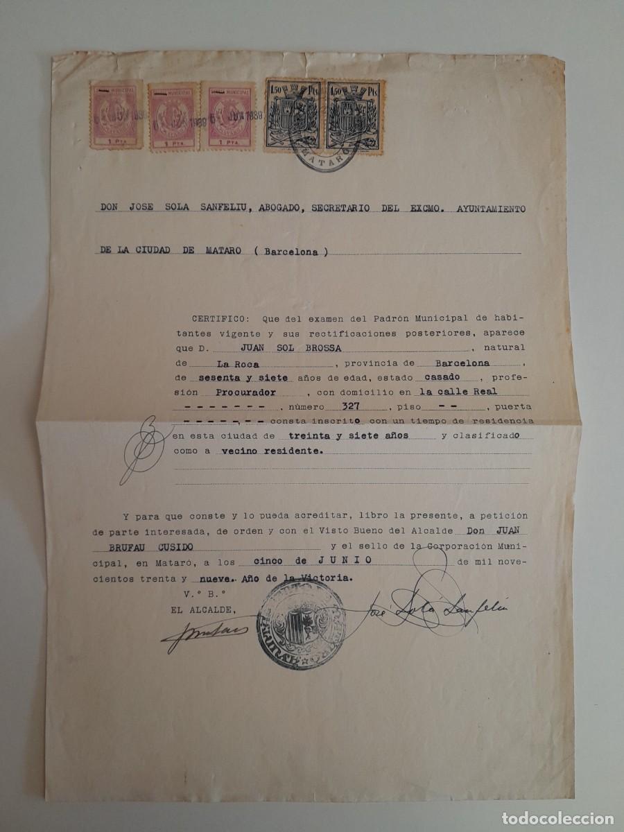 Documentos antiguos: PADR&Oacute;N MUNICIPAL DE JUAN SOL BROSSA, PROCURADOR (MATAR&Oacute;, 5 JUNIO 1939)