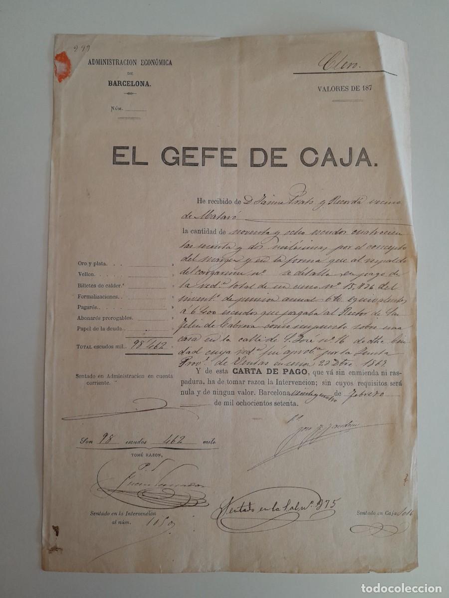 Documentos antiguos: RECIBO DE COBRO DEL CENSO DE MATAR&Oacute; A NOMBRE DE JAIME PRATS RECORD&Agrave; (BARCELONA, 24 FEBRERO 1870)
