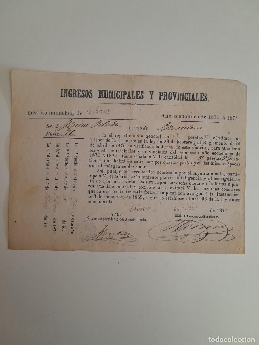 Documentos antiguos: INGRESOS MUNICIPALES Y PROVINCIALES DE CABRERA A NOMBRE DE JAIME GELADA (CABRERA, 8 DICIEMBRE 1872)