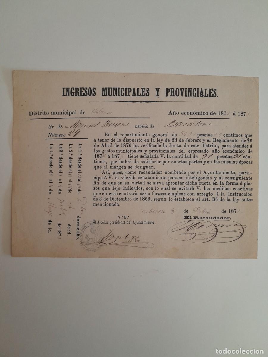 Documentos antiguos: INGRESOS MUNICIPALES Y PROVINCIALES DE CABRERA A NOMBRE DE MANUEL FREIXAS (CABRERA, 8 DICIEMBRE 1872