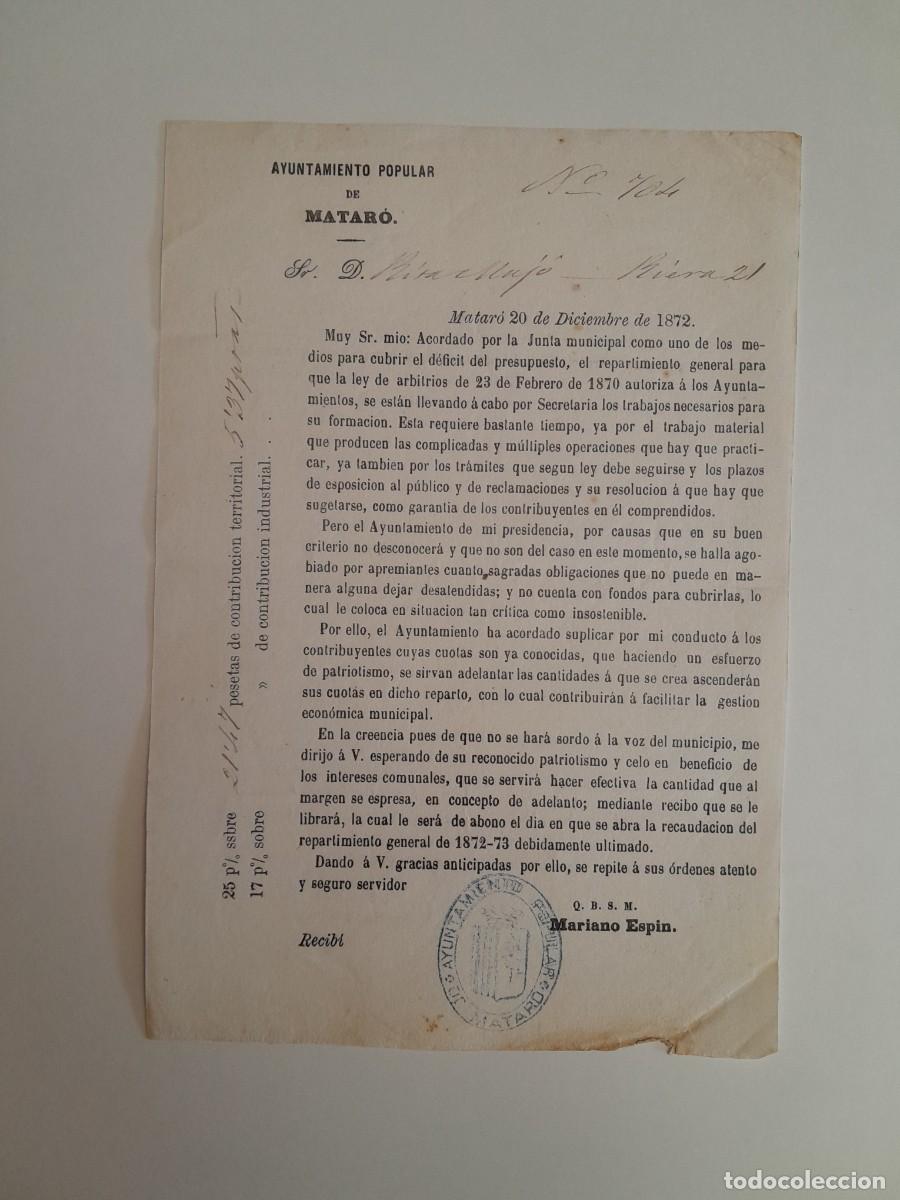 Documentos antiguos: COBRO DE IMPUESTOS MUNICIPALES A NOMBRE DE RITA MAJ&Oacute; (MATAR&Oacute;, 20 DICIEMBRE 1872)