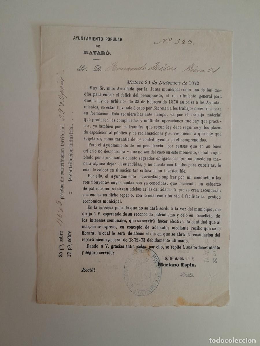 Documentos antiguos: COBRO DE IMPUESTOS MUNICIPALES A NOMBRE DE FERNANDO FREIXAS (MATAR&Oacute;, 20 DICIEMBRE 1872)