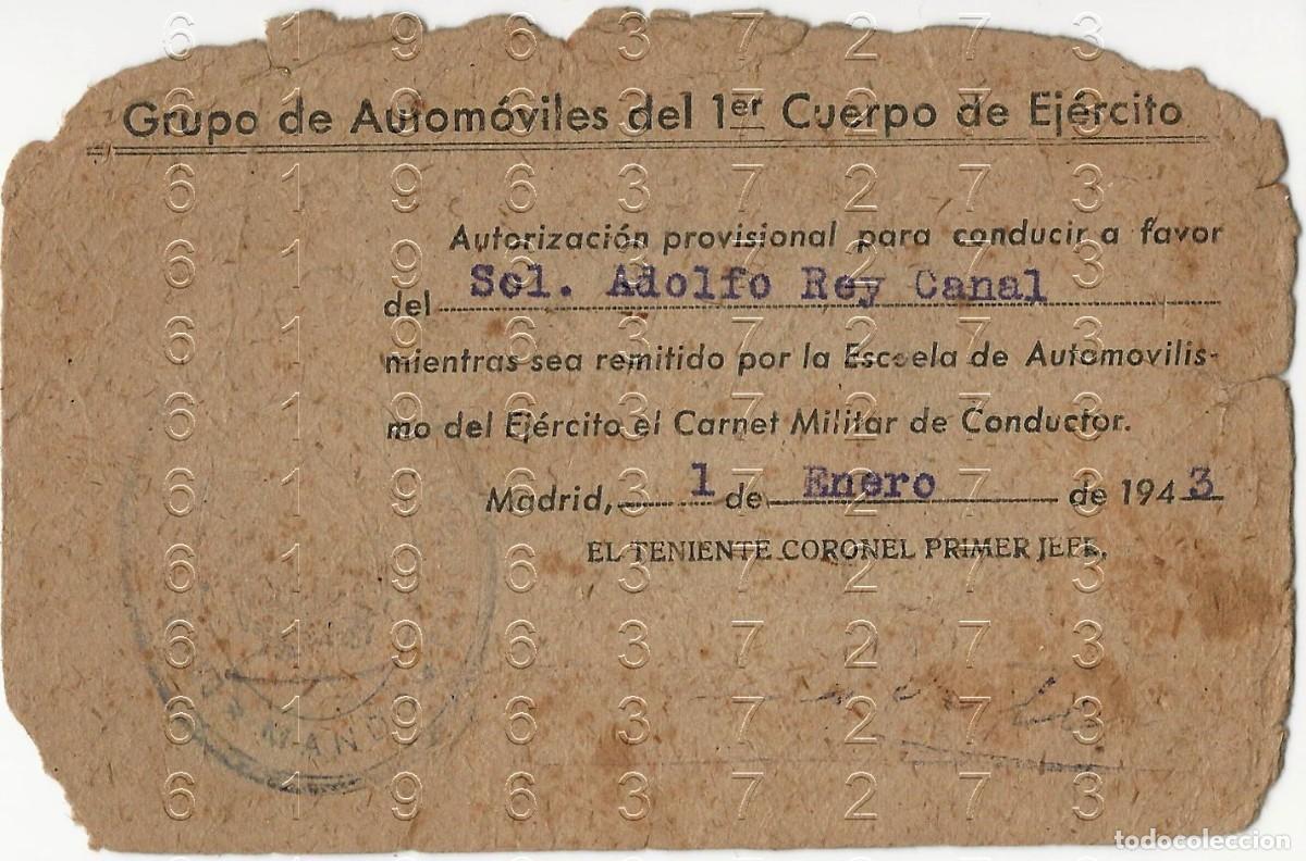 Documentos antiguos: 1943 CARNET DE CONDUCIR MILITAR MERIDA 1ER CUERPO DE EJERCITO ADOLFO REY CANAL B41