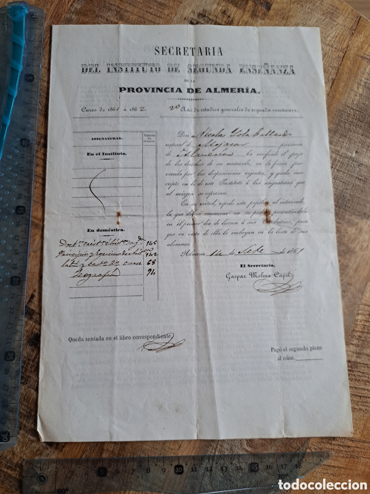 Documentos antiguos: Jml Documento instituto segunda ense&ntilde;anza Almeria. Pago matr&iacute;cula a&ntilde;o 1861.