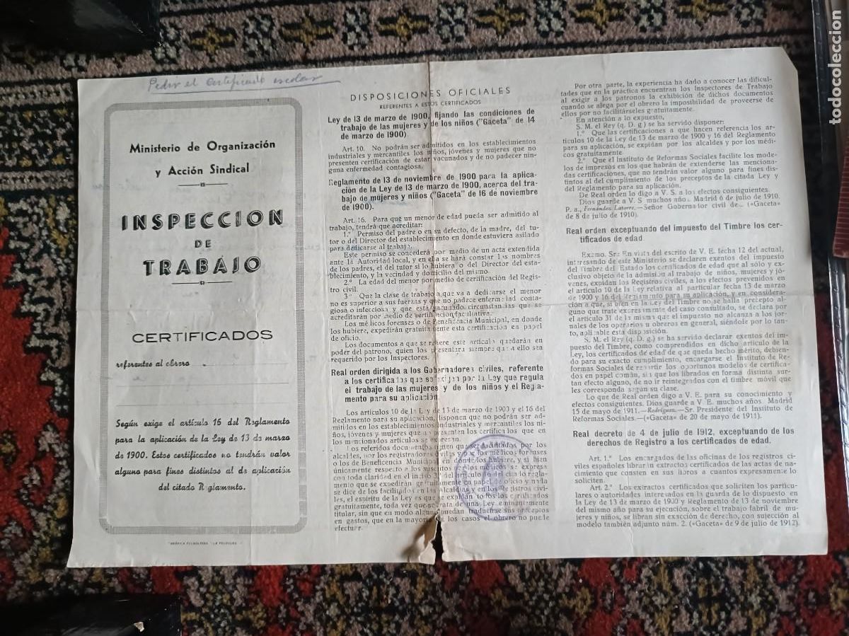 Documentos antiguos: DOCUMENTO INSPECTOR DE TRABAJO SELLO LANGREO ASTURIAS ACCI&Oacute;N SINDICAL VER FOTOS