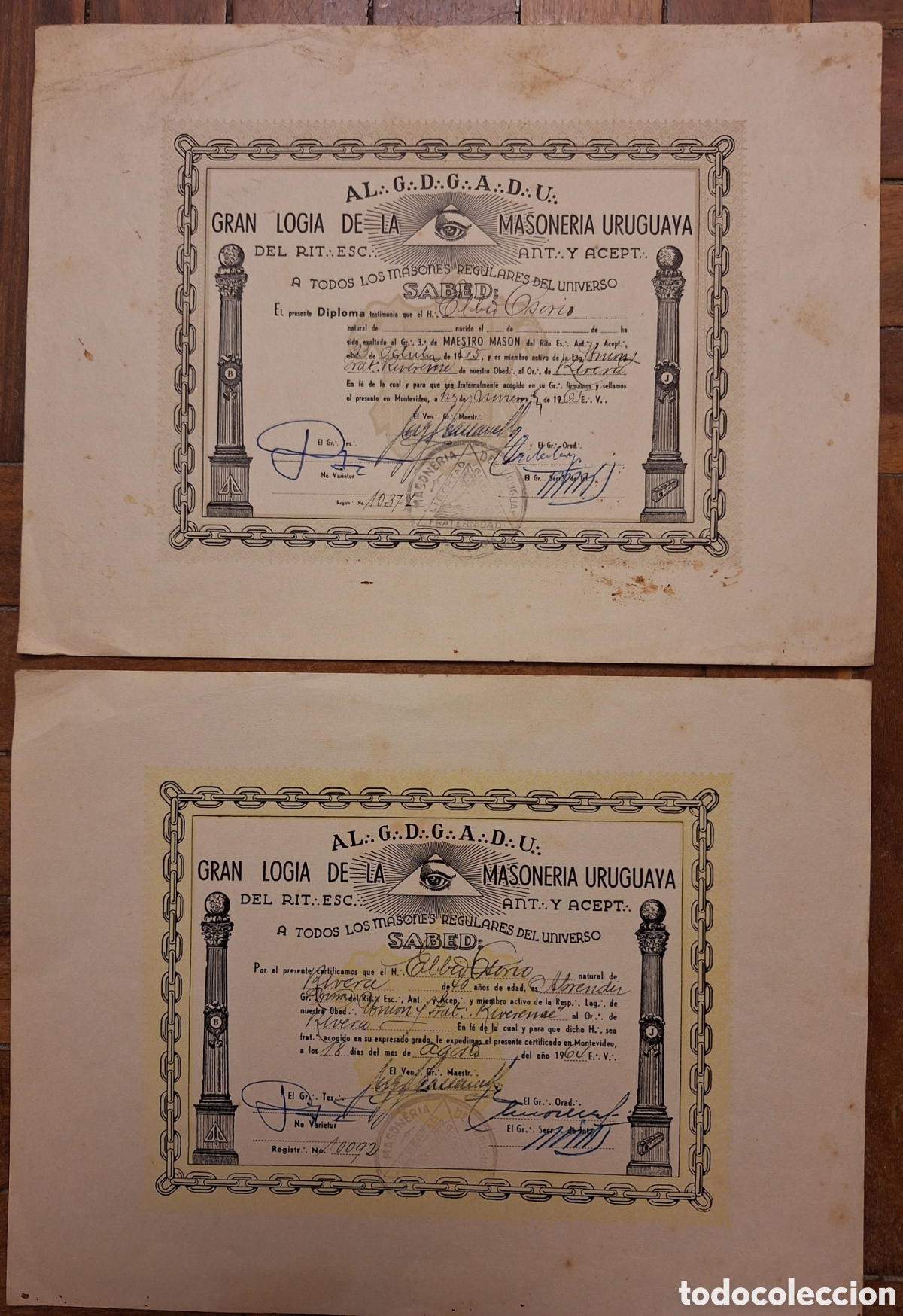 Documentos antiguos: LOTE DE 2 CERTIFICADOS DE LA GRAN LOGIA MASONERIA URUGUAYA A&Ntilde;OS 1964 y 1965