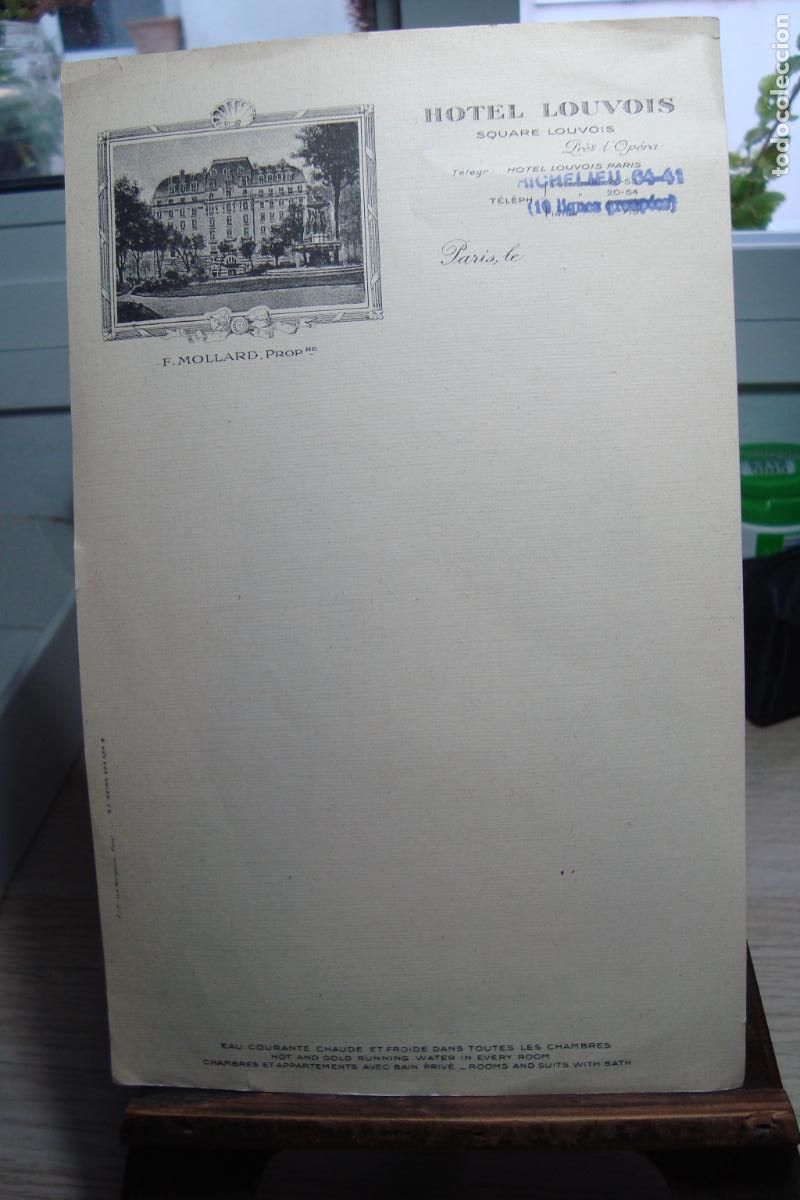 Documentos antiguos: ANTIGUA HOJA IMPRESO HOTEL LOUVOIS PARIS. F. MOLLARD PROP.re