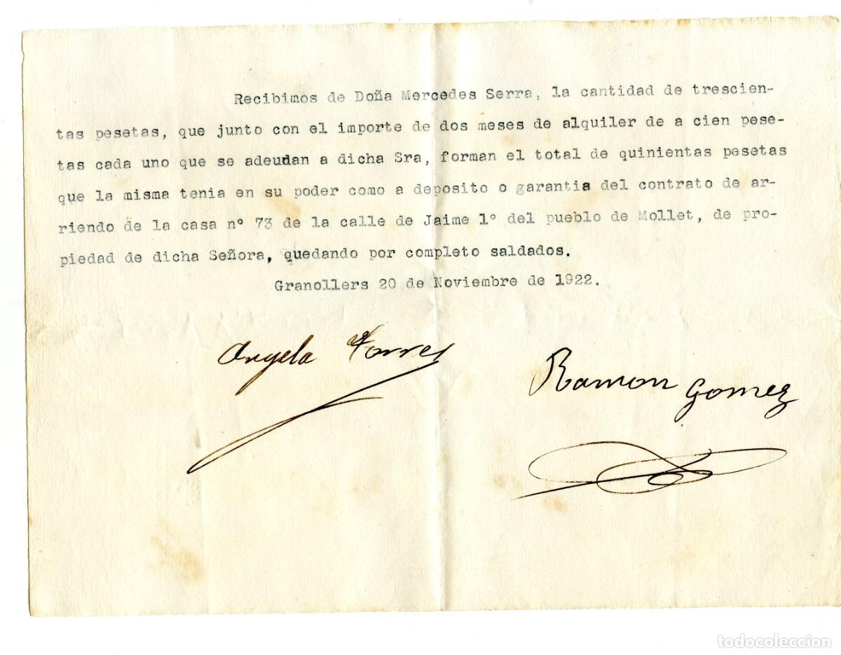 Documentos antiguos: Recibo mecanografiado de liquidaci&oacute;n de deuda alquiler. Granollers, Noviembre 1922