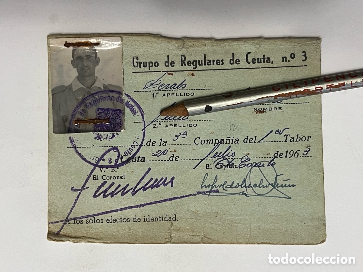 Documentos antiguos: MILITAR Carnet.. Grupo de Regulares de Ceuta No.3, un Quinto de Sueca..? 20 de Julio de 1963