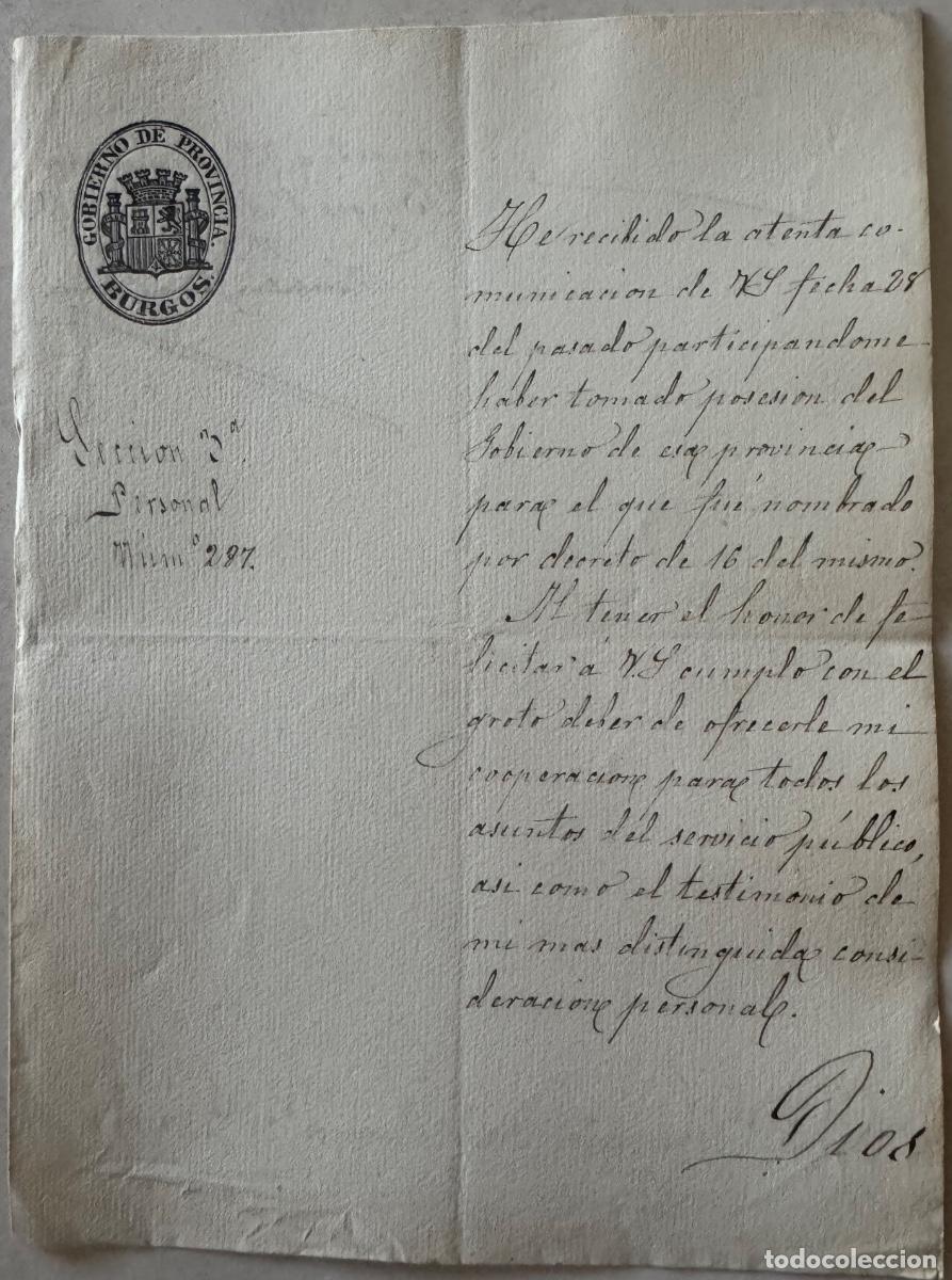 Documentos antiguos: FELICITACI&Oacute;N GOBERNADOR CIVIL BURGOS A NUEVO GOBERNADOR DE LOGRO&Ntilde;O - A&Ntilde;O 1873 - ESCUDO I REP&Uacute;BLICA