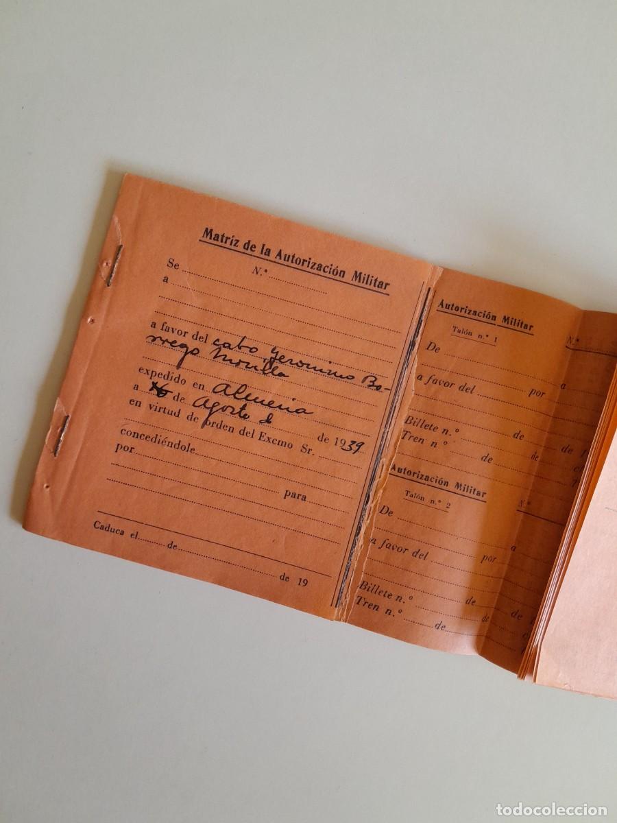 Documentos antiguos: TALONARIO DE AUTORIZACIONES MILITARES PARA PASAJE DE TROPA (1939)