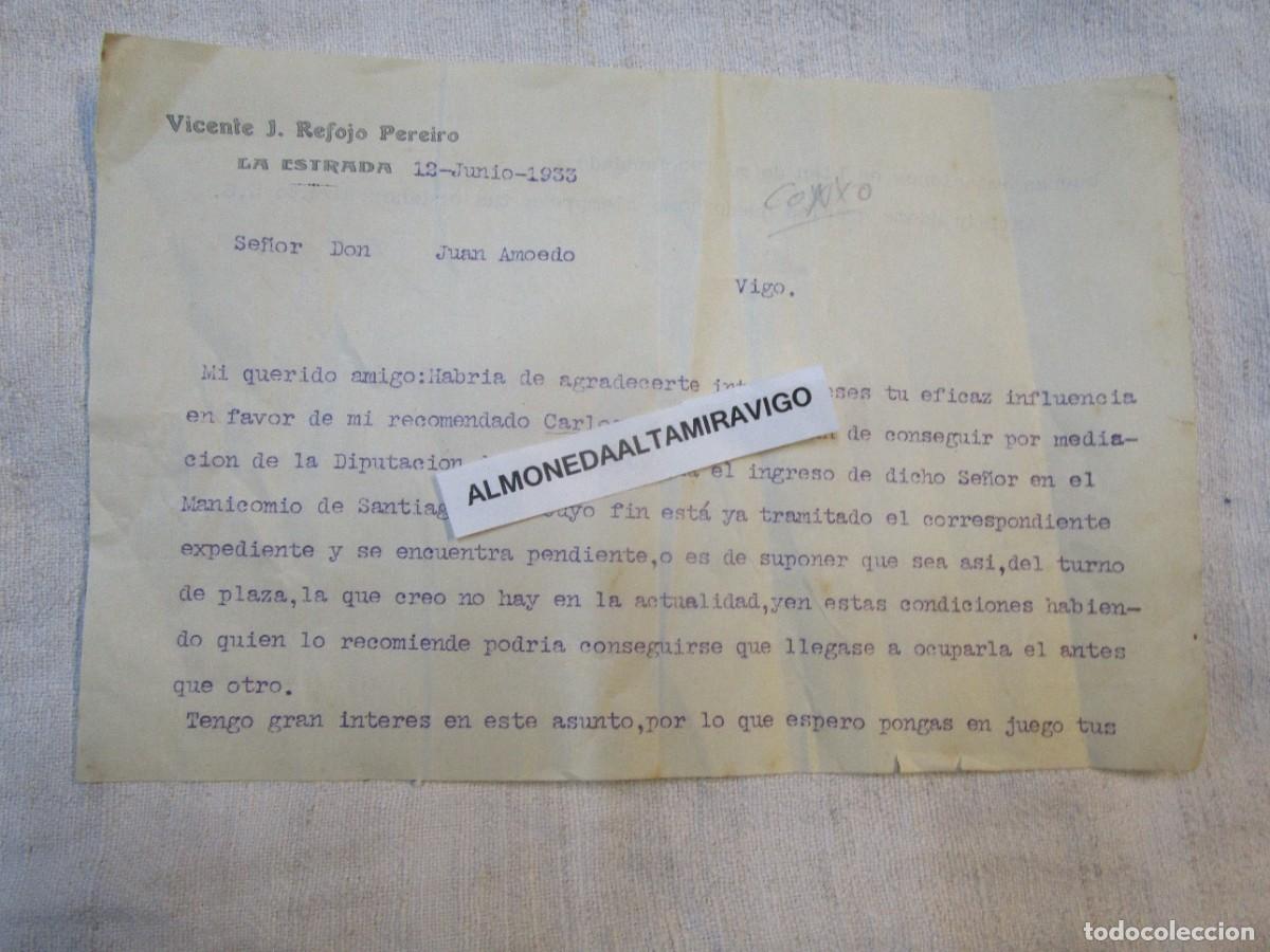 Documentos antiguos: CONXO PSIQUIATRICO MANICOMIO: CARTA DE LETRADO LA ESTRADA 1933 A OTRO DE VIGO PARA ACELERAR INGRESO.
