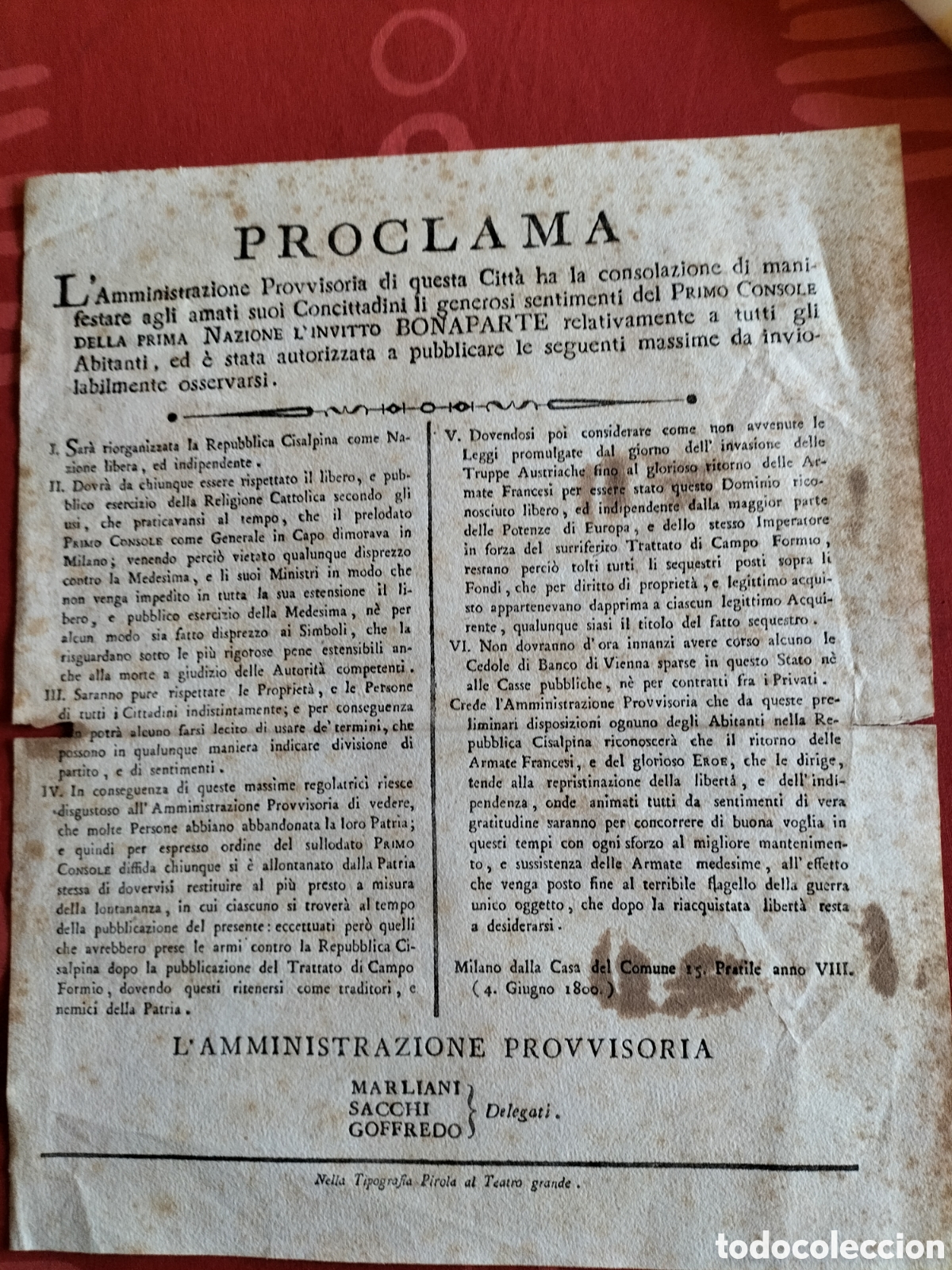 Documentos antiguos: Napoleone Proclama pergamena Milano 4 giugno 1800