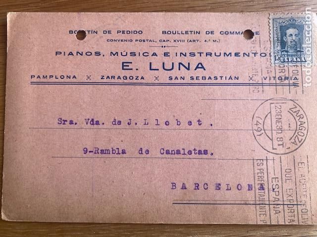 Documentos antiguos: Pianos, Musica e Intrumentos. E. Luna. Boletin de pedido 1930