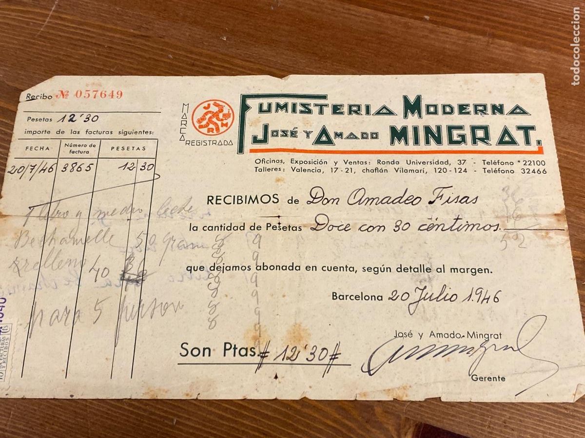 Documentos antiguos: RECIBO FUMISTERIA MODERNA JOSE Y AMADO MINGRAT 1946 . AMADEO FISAS ,