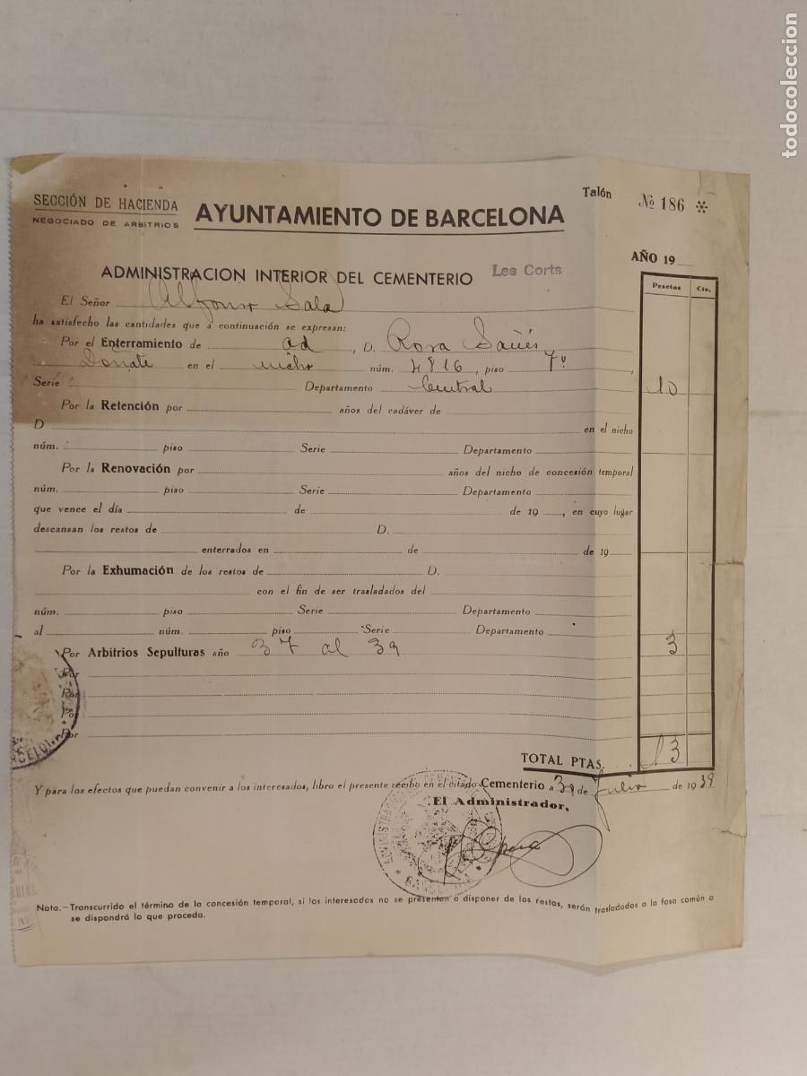 Documenti antichi: BARCELONA - HACIENDA ARBITROS - ADMINISTRACION INTERIOR CEMENTERIO LES CORTS - A&Ntilde;O 1939 -VER FOTOS