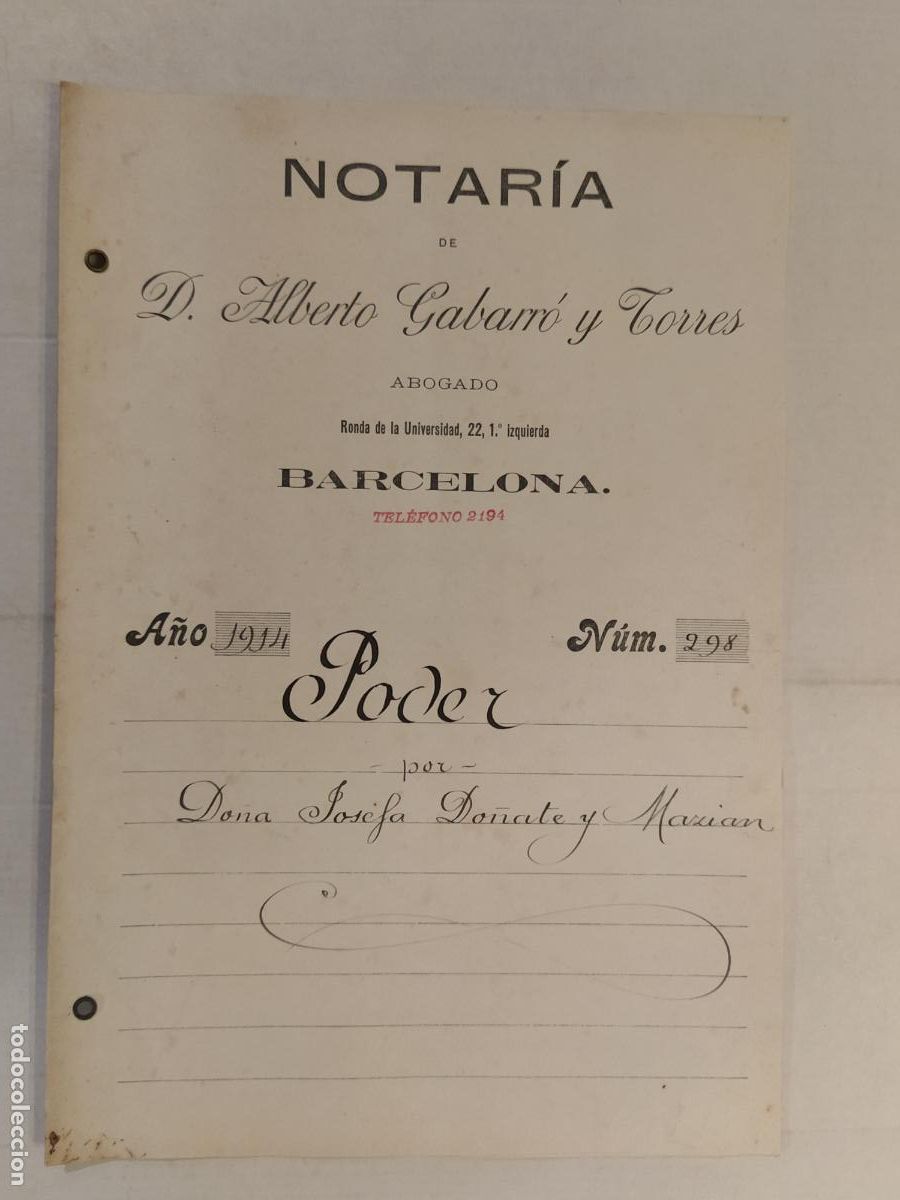 Documenti antichi: BARCELONA - NOTARIA DE ALBERTO GABARRO Y TORRES - PODER NOTARIAL - A&Ntilde;O 1914 -VER FOTOS