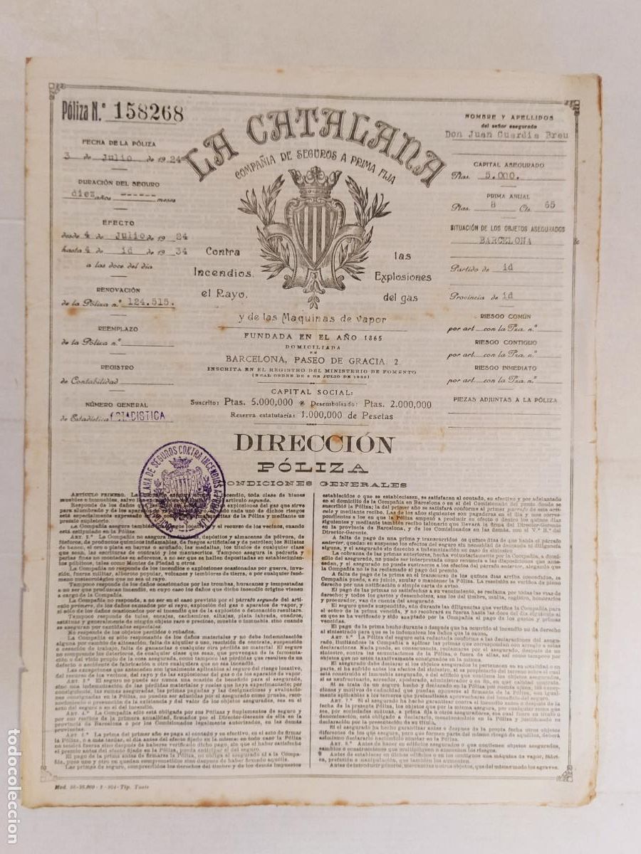 Old Documents: LA CATALANA COMPA&Ntilde;IA DE SEGUROS - POLIZA - BARCELONA A&Ntilde;O 1924 -VER FOTOS