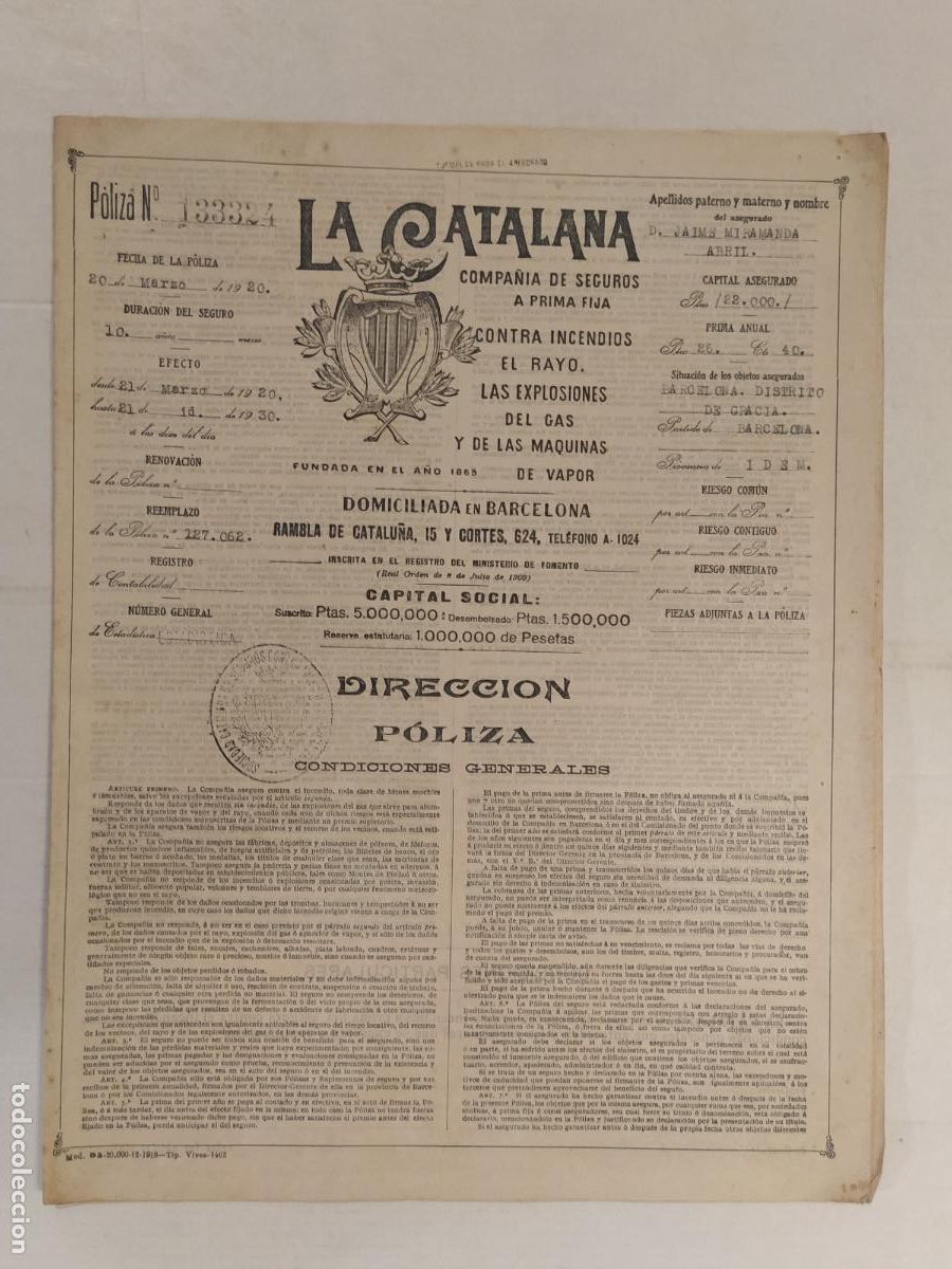 Old Documents: LA CATALANA COMPA&Ntilde;IA DE SEGUROS - POLIZA - BARCELONA A&Ntilde;O 1920 -VER FOTOS