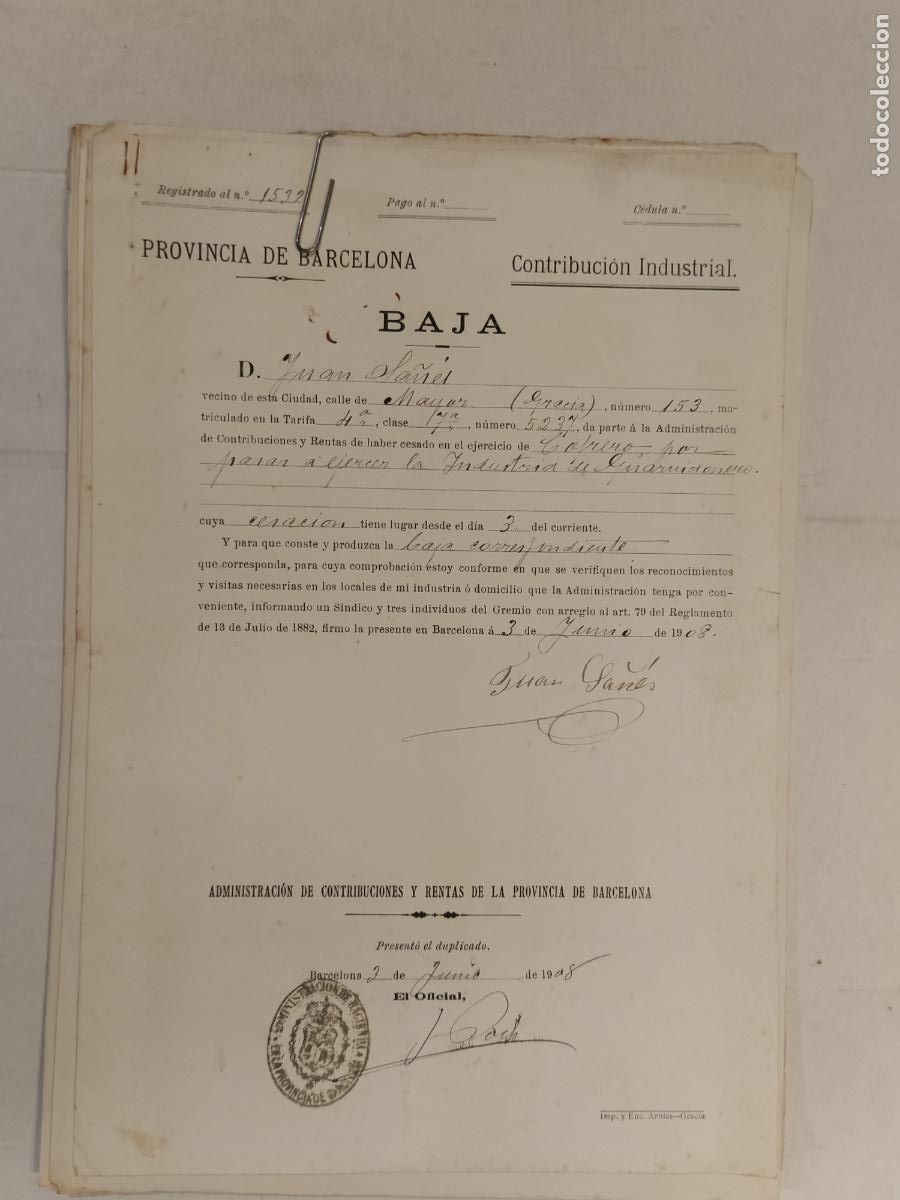 Documentos antiguos: BARCELONA - CONTRIBUCION INDUSTRIAL - A&Ntilde;O 1908 - DOCUMENTOS DE BAJAS Y ALTAS -VER FOTOS