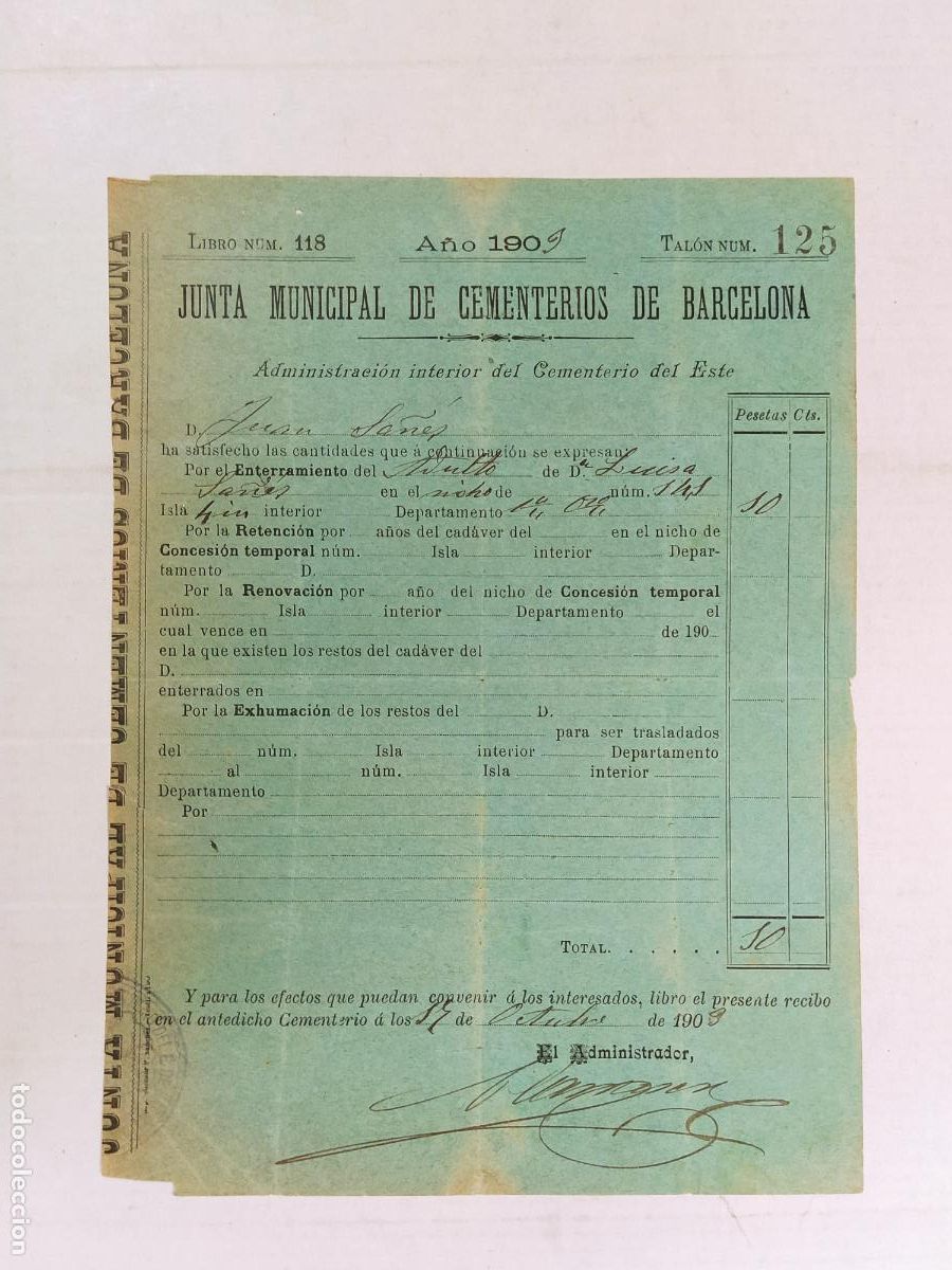 Documentos antiguos: BARCELONA - JUNTA MUNICIPAL DE CEMENTERIOS - A&Ntilde;O 1909 -VER FOTOS