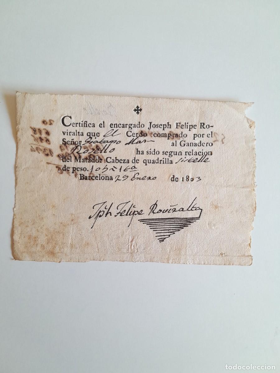 Documentos antiguos: CERTIFICADO VENTA DE UN CERDO (BARCELONA, 1803)