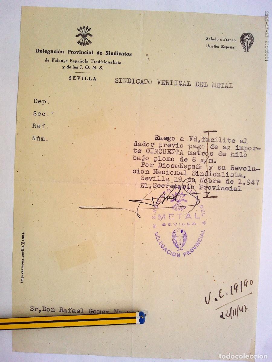 Old Documents: SINDICATO VERTICAL DEL METAL - FALANGE : VALE DE 50 METROS DE CABLE . SEVILLA , 1947