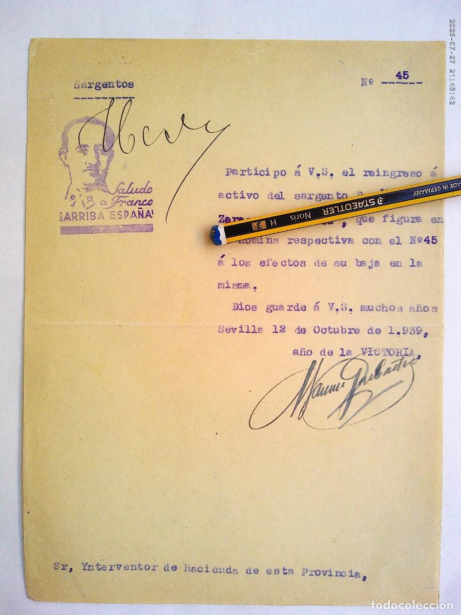 Documenti antichi: POST GUERRA CIVIL : NOTIFICACION DE REINGRESO DE SARGENTO EXCOMBATIENTE EN HACIENDA . SEVILLA 1939