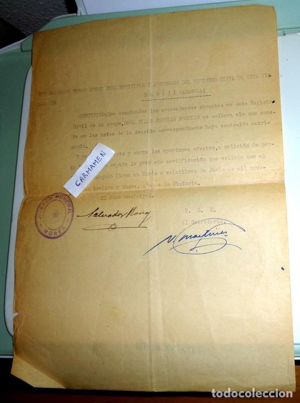 Documentos antiguos: CARTA CERTIFICADO DE SOLTER&Iacute;A. JUZGADO DE MOR&Eacute;S ZARAGOZA. Julio de 1939. GUERRA CIVIL FRANQUISMO