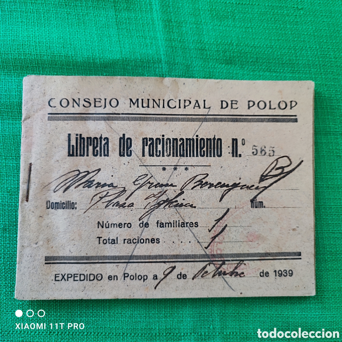 Documentos antiguos: Libreta de racionamiento consejo municipal de Polop, guerra civil espa&ntilde;ola - 1939.