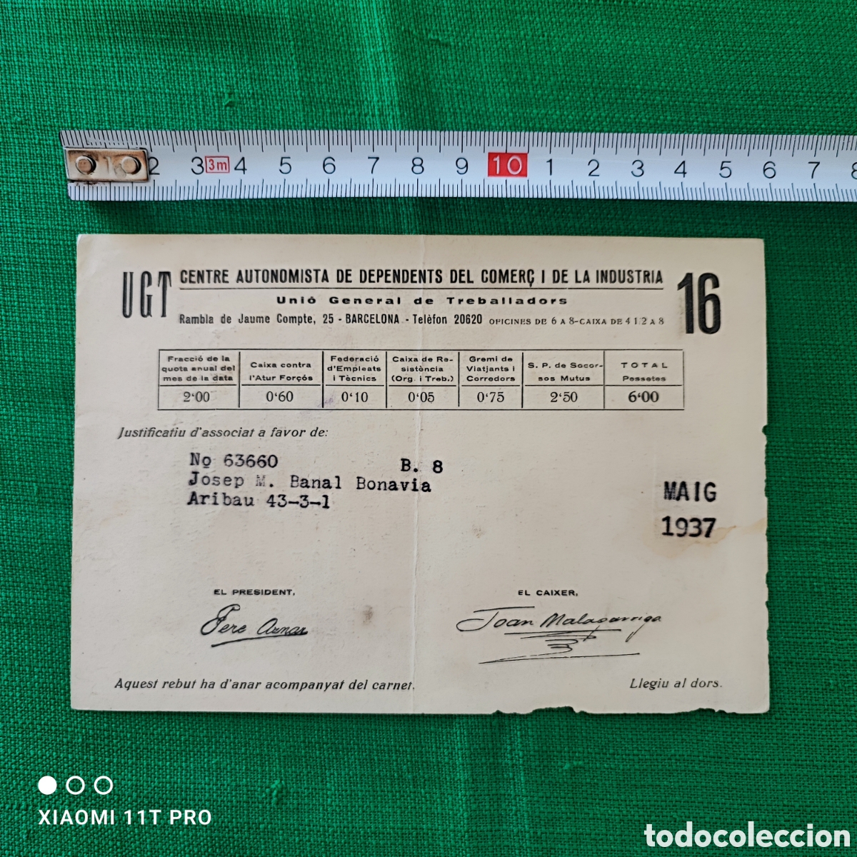 Documentos antiguos: Documento recibo afiliaci&oacute;n UGT centre autonomista de dependents del comer&ccedil; i de la industria 1937