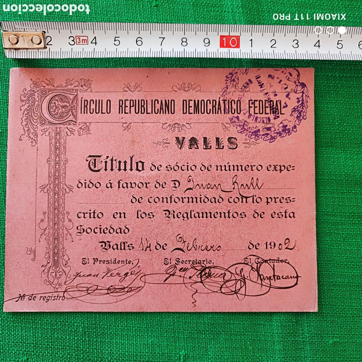Documentos antiguos: Titulo de socio (circulo republicano democr&aacute;tico federal Valls 1902
